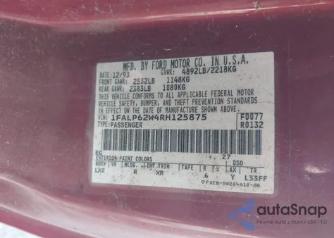 1994 Ford Thunderbird Lx z USA, uszkodzony, nr VIN 1FALP62W4RH125875